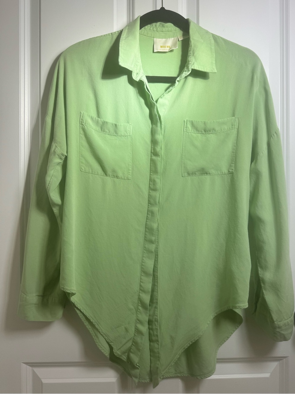 Anthropologie Maeve Mint Green Oversized Button Front Blouse Roll Tab Sleeve